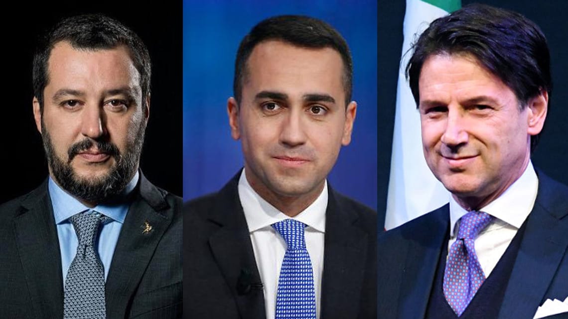 Matteo Salvini, Luigi Di Maio, Giuseppe Conte. Fot. FB, AFP, fotoedycja KP