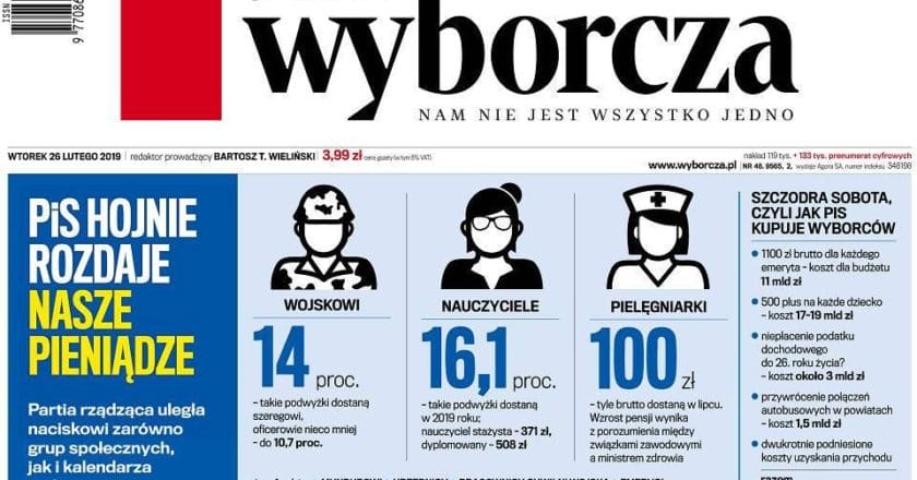 Gazeta Wyborcza, okładka z 26 lutego 2019 r.