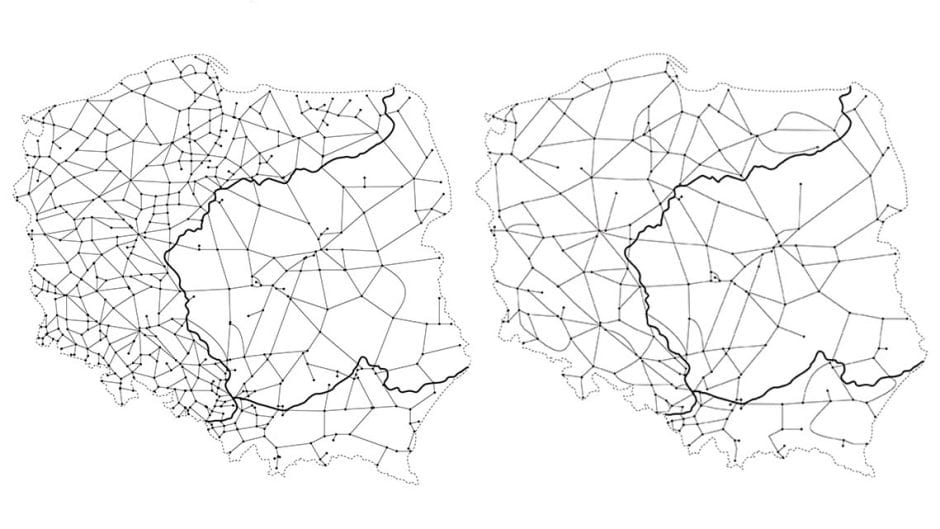 Mapy pokazujące różnice w liczbie linii kolejowych w roku 1989 (po lewej) i 2009 (po prawej)