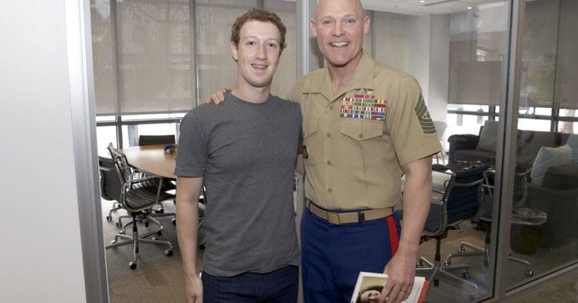 The sergeant major of the Marine Corps, Sgt. Maj. Micheal P. Barrett, meets with Mark Zuckerberg, founder of Facebook, at Facebook in Menlo Park, CA, on March 17, 2014. (U.S. Marine Corps photo by Sgt. Mallory S. VanderSchans)(RELEASED)