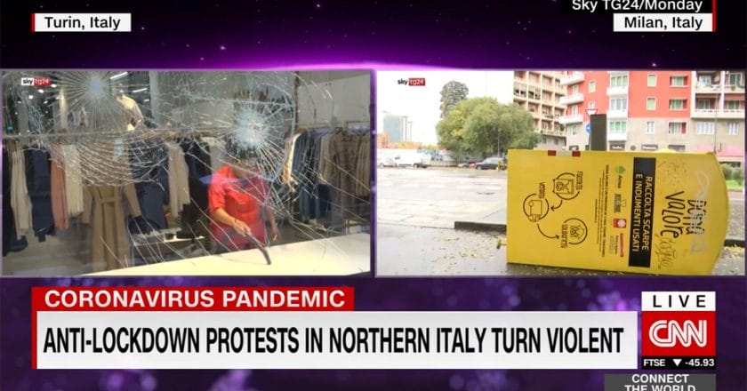 Protesty przeciwników lockdownu we Włoszech. Kadr CNN.com