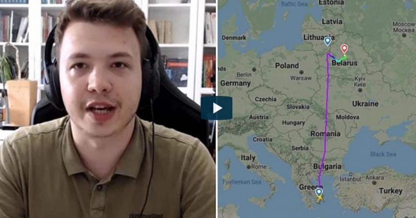 Roman Protasiewicz podczas wywiadu z Euronews w 2020 roku. Obok mapa lotu porwanego samolotu Ryanair za Flightradar24. Za: Euronews.com