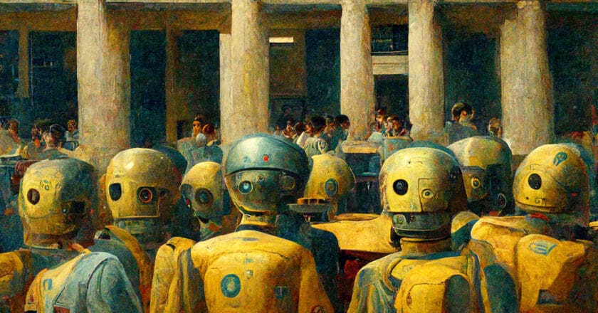 „Roboty w szkole ateńskiej", obraz wygenerowany przez sztuczną inteligencję. Autor: albyantoniazzi/flickr.com
