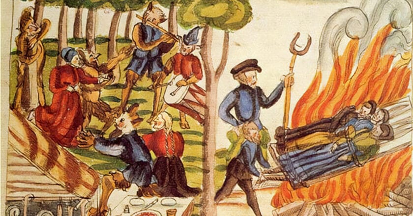 Palenie czarownic w szwajcarskim Bremgarten w 1574 roku. Ilustracja: Johann Jakob Wick/Wikimedia Commons