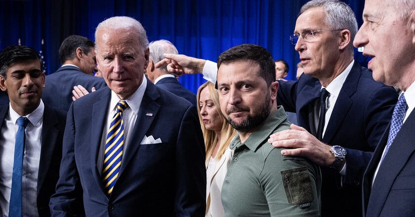 Left to right: US President Joe Biden; President Voldymyr Zelenskyy (Ukraine); NATO Secretary General Jens Stoltenberg; NATO Deputy Secretary General Mircea Geoană