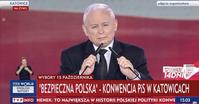 Jarosław Kaczyński podczas konwencji Prawa i sprawiedliwości. Fot. TVP Info