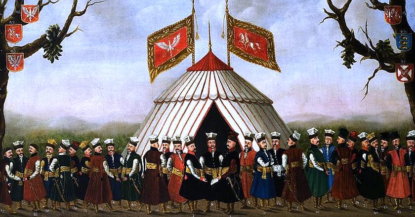 Polska szlachta w mundurach wojewódzkich w XVIII wieku. Ilustracja: Wikimedia Commons, CC0